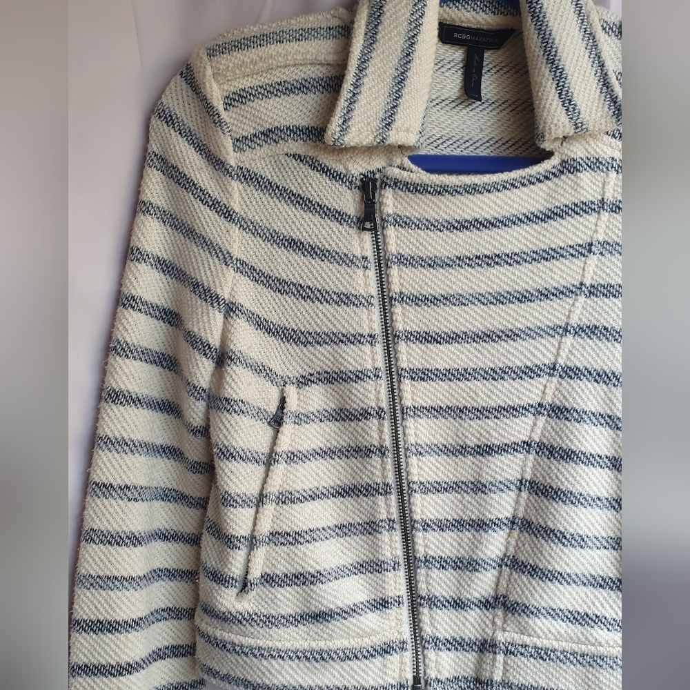 BCBGMaxAzria Cream and Blue Striped Bomber Jacket